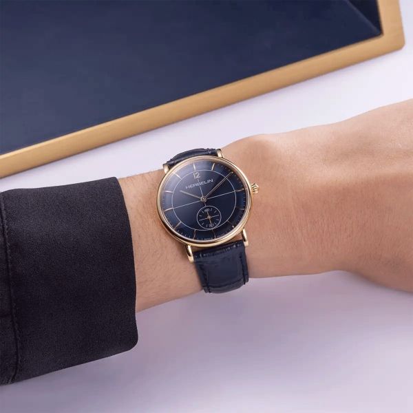 Herbelin Inspiration quartz small seconds PVD Yellow Gold blue dial leather strap 32 mm