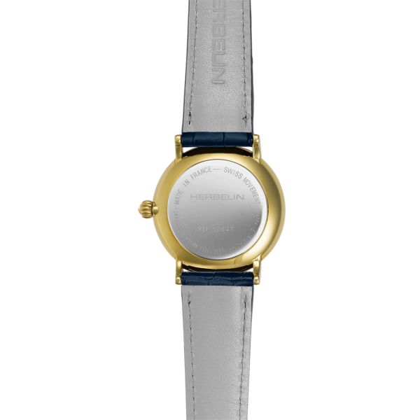 Herbelin Inspiration quartz small seconds PVD Yellow Gold blue dial leather strap 32 mm
