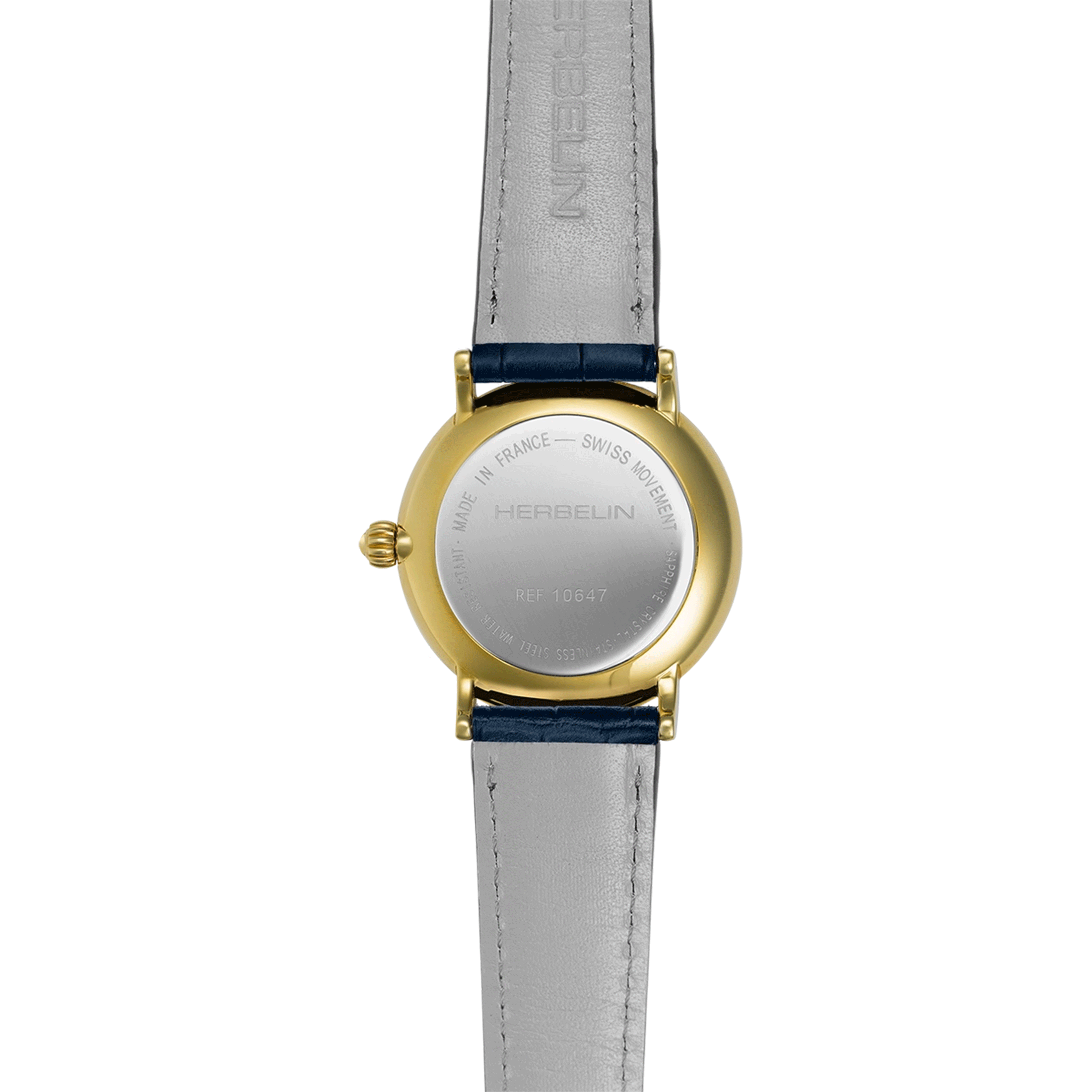 Herbelin Inspiration quartz small seconds PVD Yellow Gold blue dial leather strap 32 mm