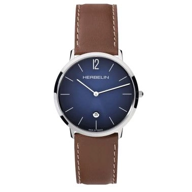 Montre Herbelin City quartz cadran bleu bracelet cuir marron 38,7 mm