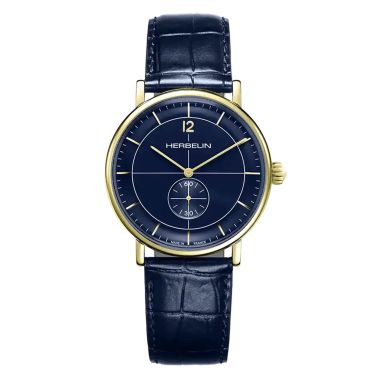 Montre Herbelin Inspiration quartz petite seconde PVD Or Jaune cadran bleu bracelet cuir 40 mm