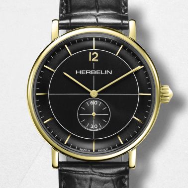 Herbelin Inspiration quartz small seconds PVD Yellow Gold black dial leather strap 40 mm
