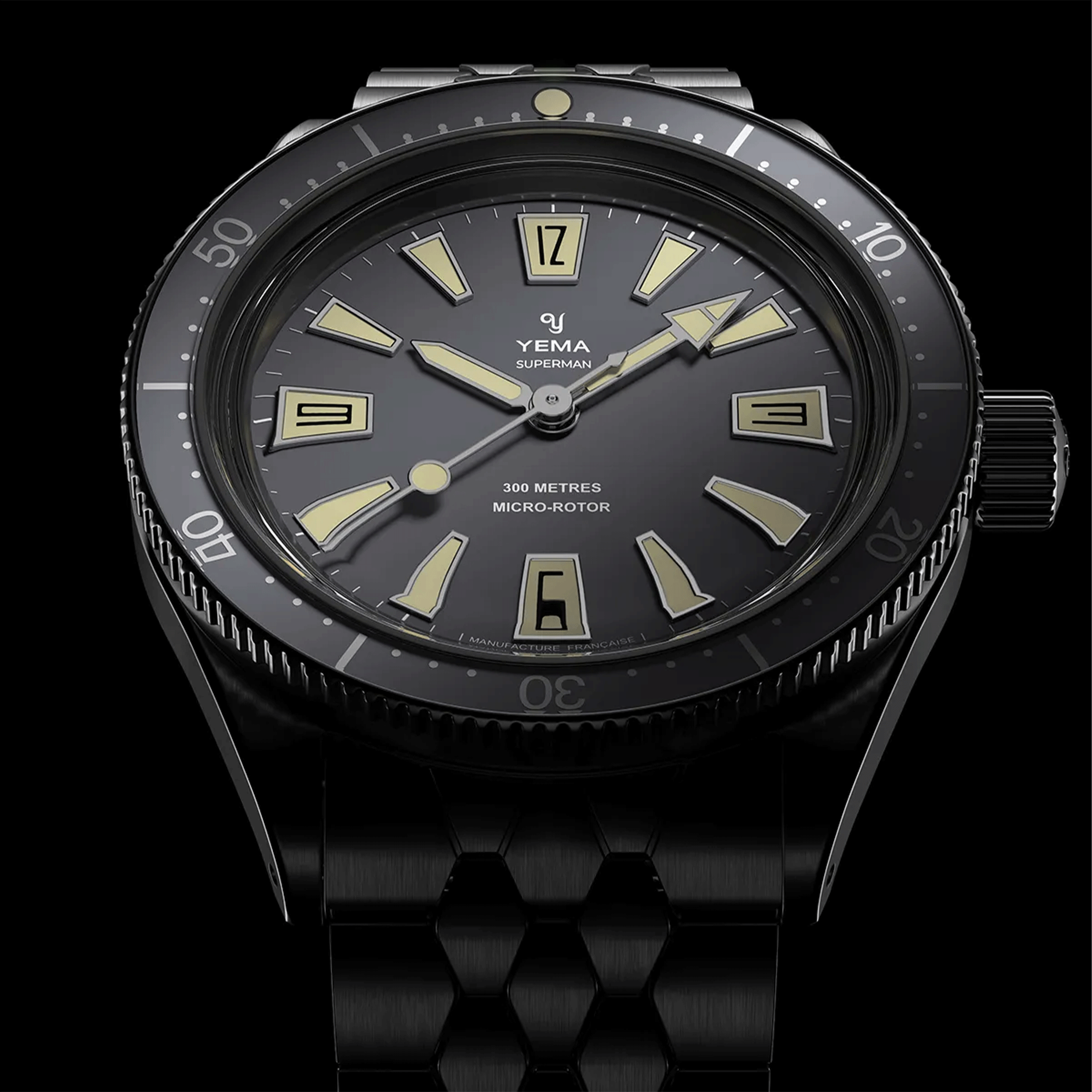 Montre Yema Superman Skin Diver Slim CMM.20 automatique cadran noir bracelet acier 39 mm