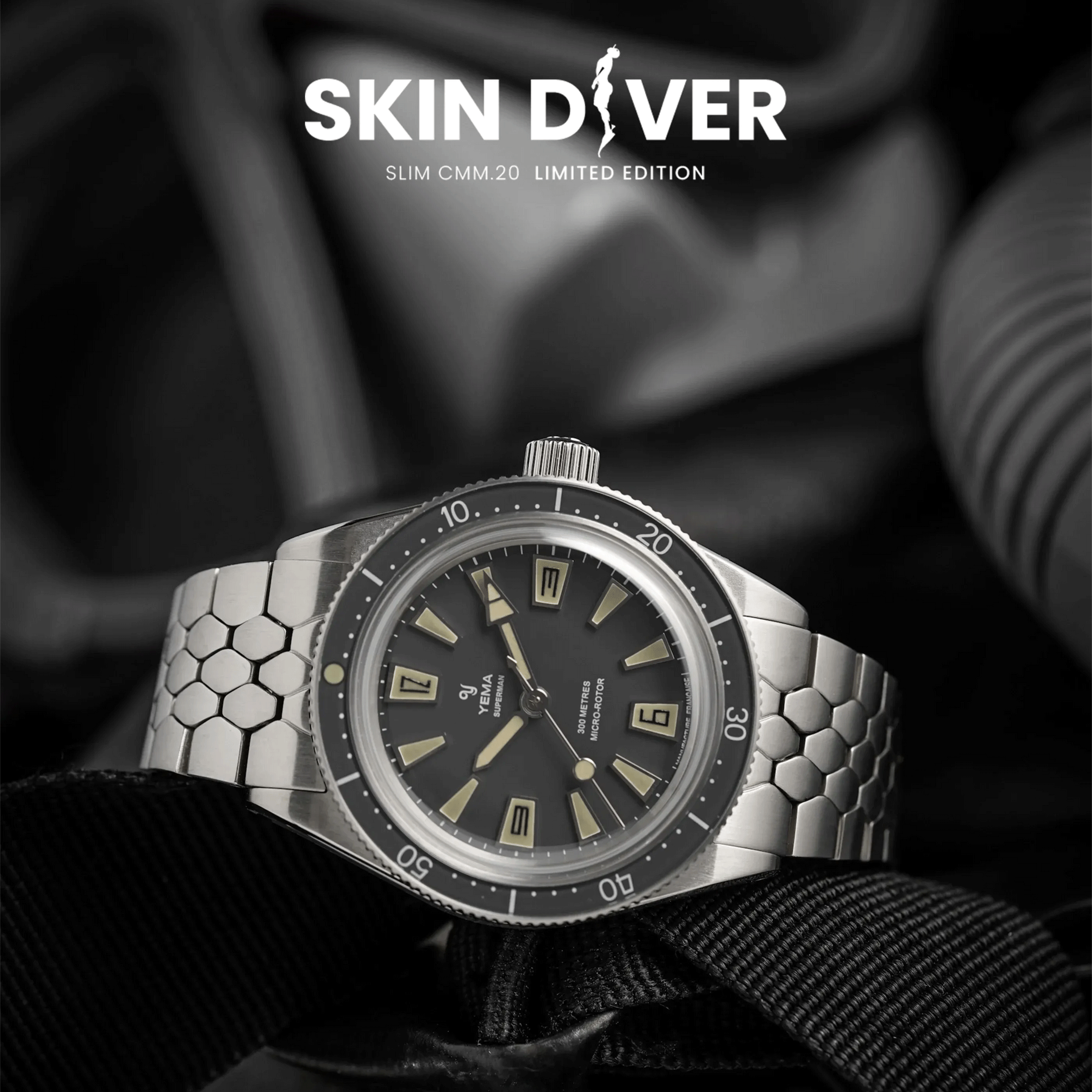 Montre Yema Superman Skin Diver Slim CMM.20 automatique cadran noir bracelet acier 39 mm