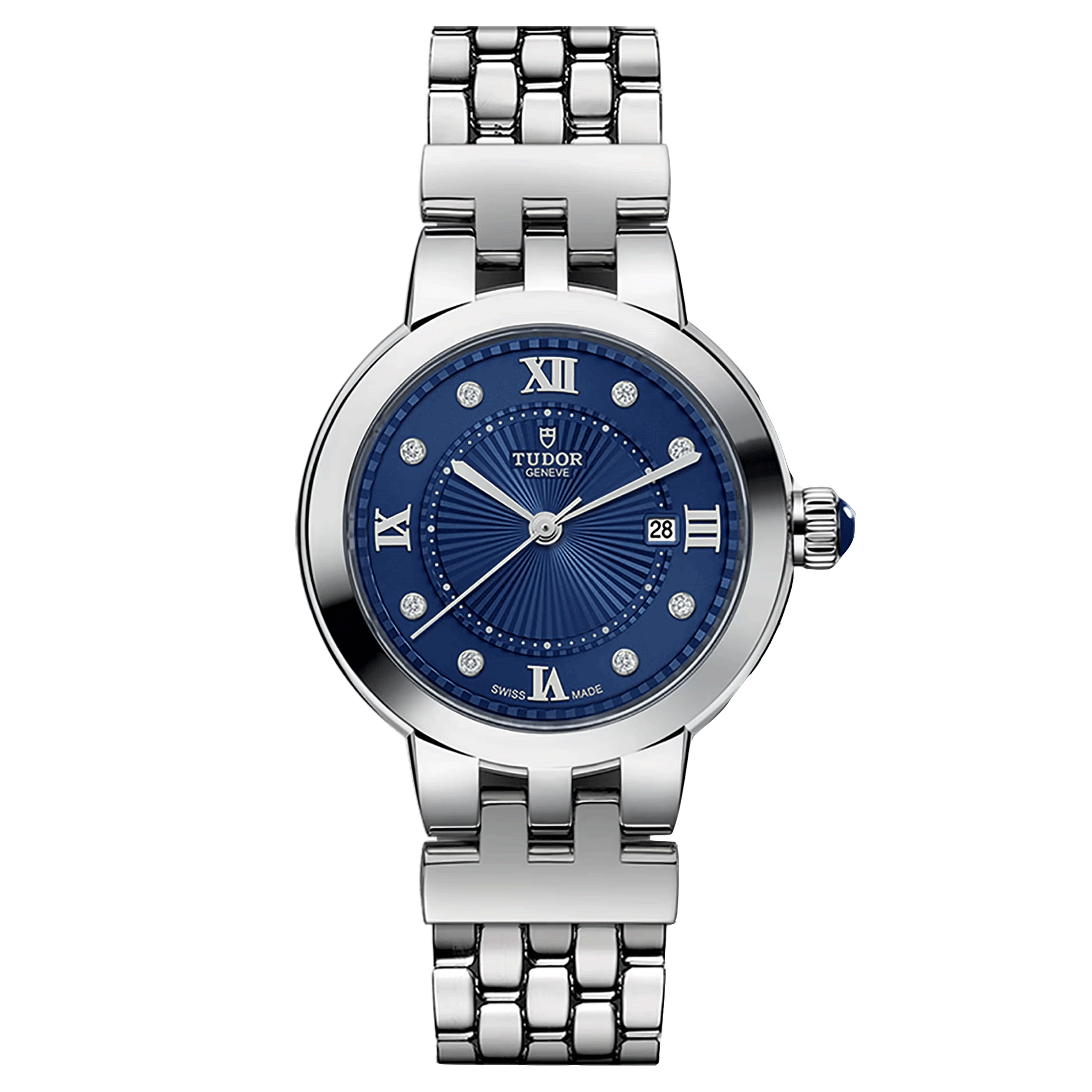 Tudor Clair de Rose automatic watch with diamond markers and Roman numerals blue dial steel bracelet 30 mm