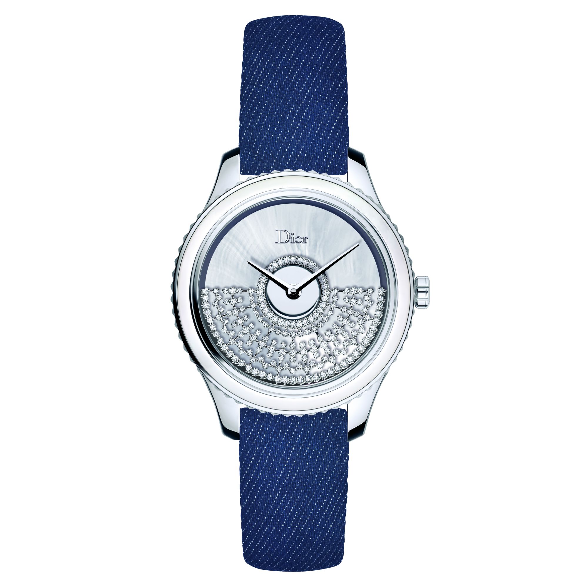 Montre Dior Grand Bal Résille diamants bracelet cuir bleu 36 mm