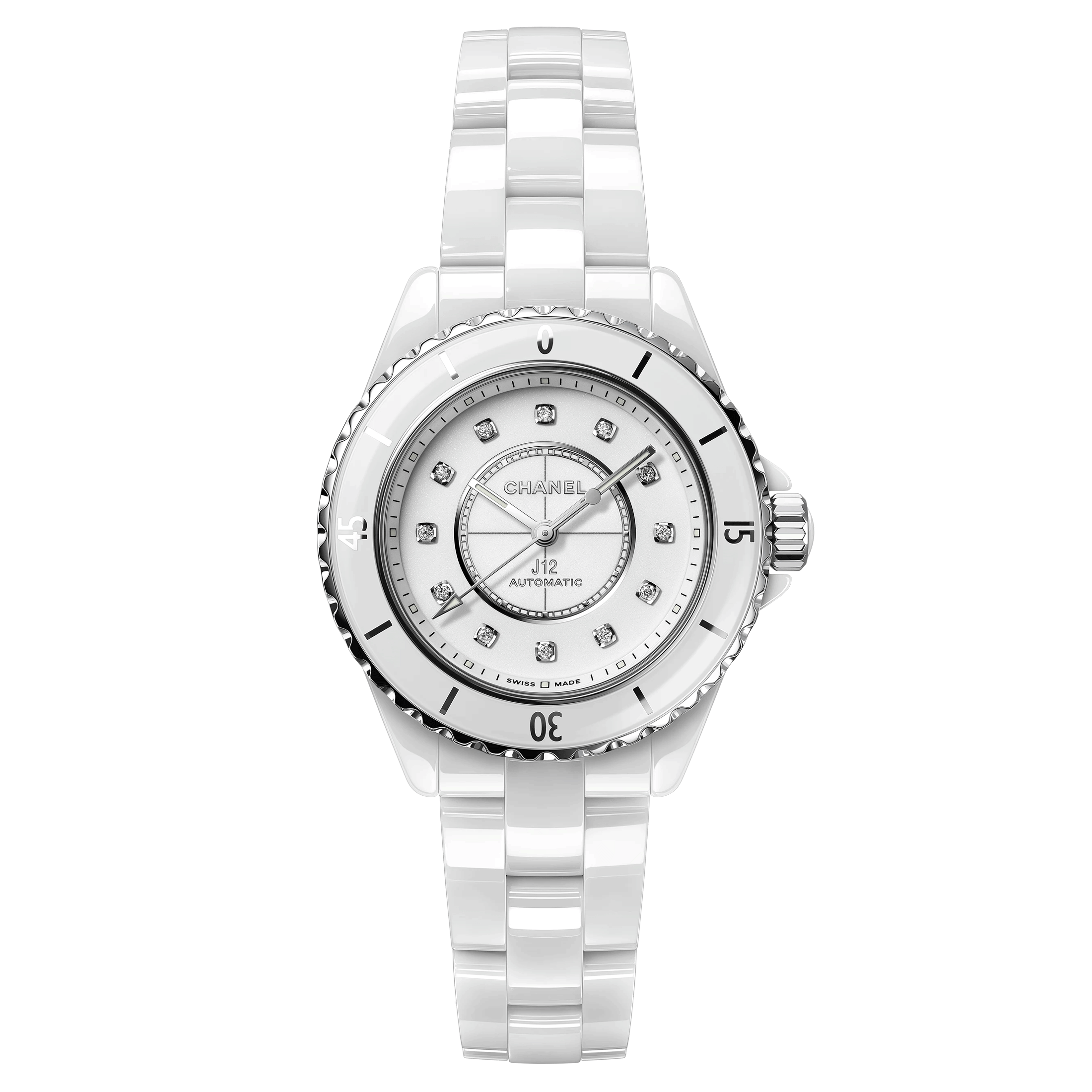Montre CHANEL J12 Calibre 12.2 automatique index diamants cadran blanc et noir bracelet céramique blanche 33 mm H9741
