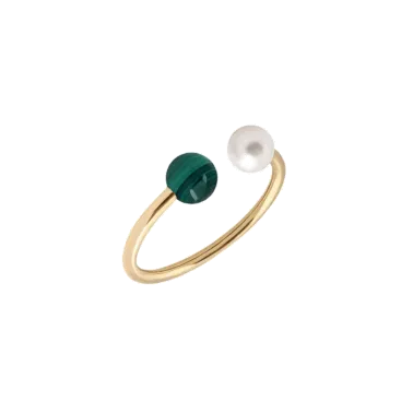 Bague Claverin Le Jonc Hope en or jaune malachite et perle blanche