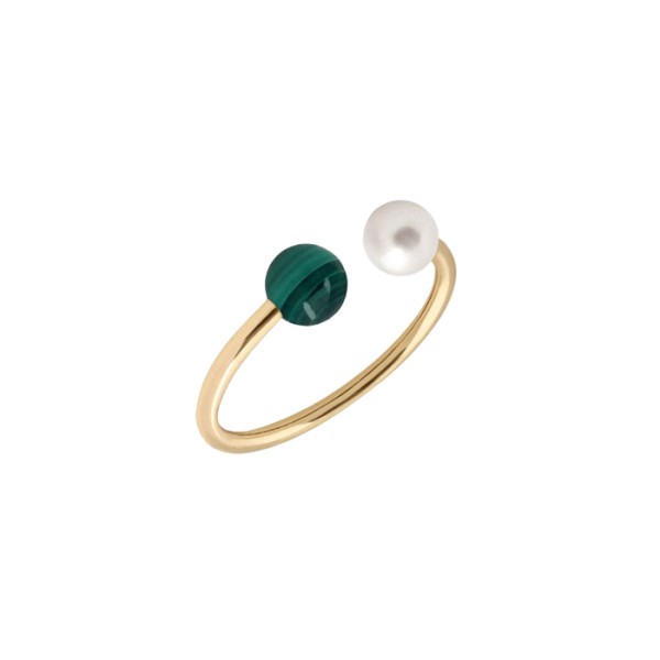 Bague Claverin Le Jonc Hope en or jaune malachite et perle blanche