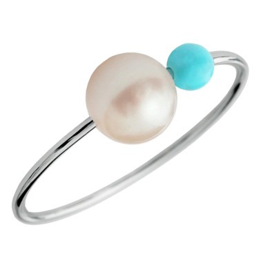 Bague Claverin Rosary en or blanc perles blanche et turquoise