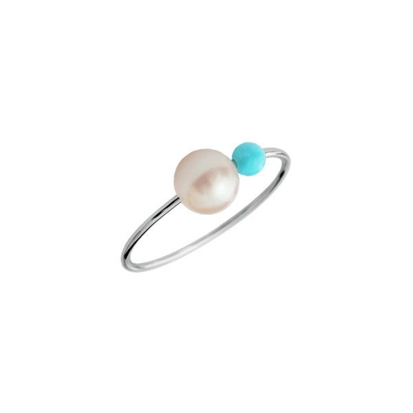 Bague Claverin Rosary en or blanc perles blanche et turquoise