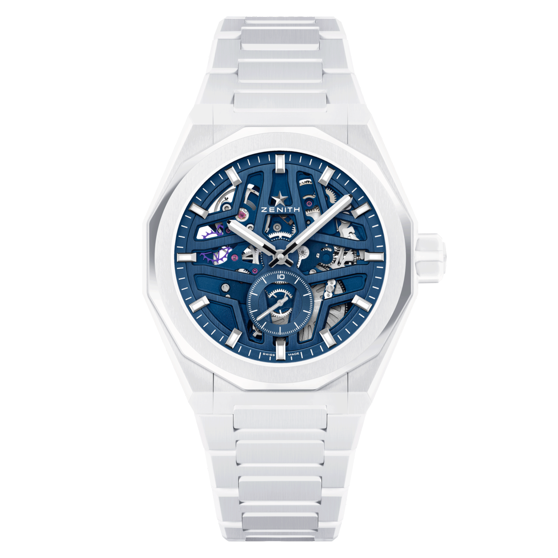 Montre Zenith Defy Skyline Skeleton Céramique Blanche automatique cadran bleu bracelet céramique 41 mm