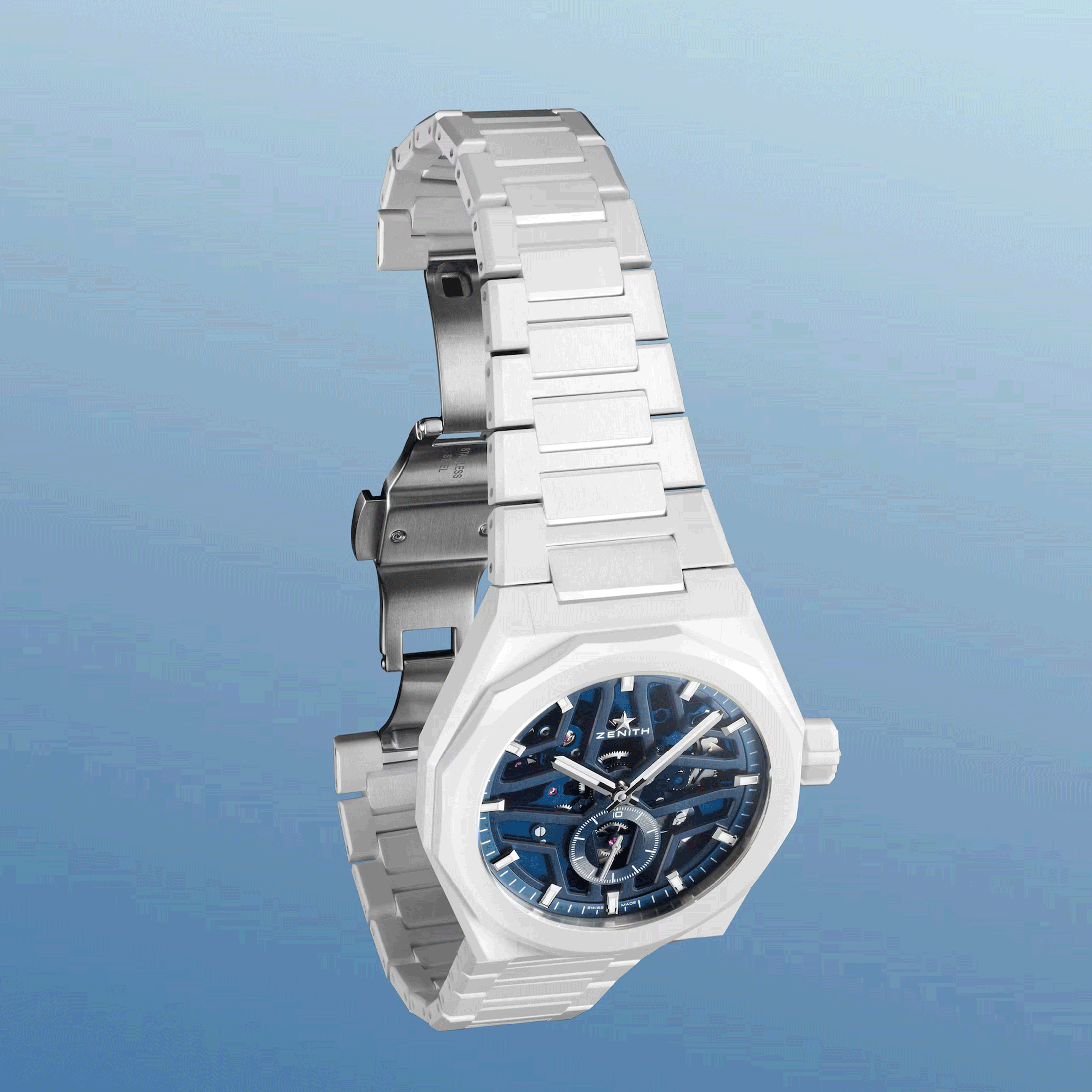 Montre Zenith Defy Skyline Skeleton Céramique Blanche automatique cadran bleu bracelet céramique 41 mm