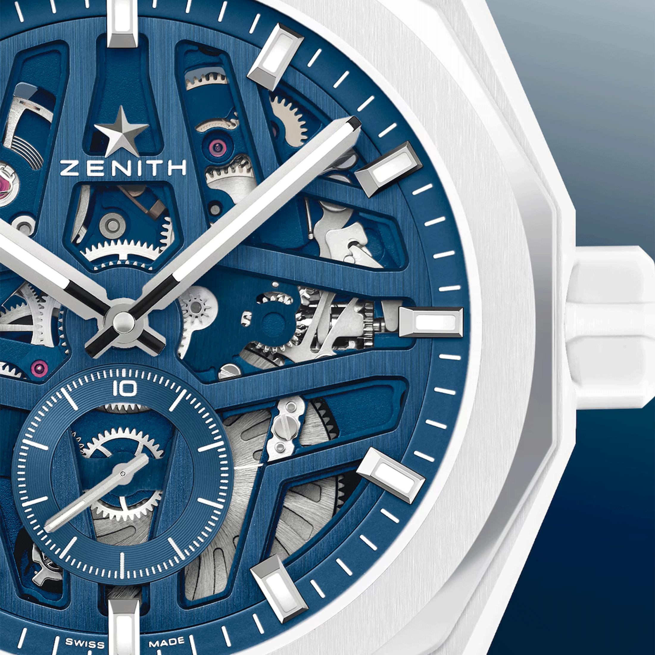 Montre Zenith Defy Skyline Skeleton Céramique Blanche automatique cadran bleu bracelet céramique 41 mm