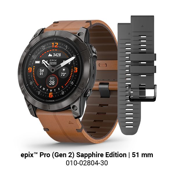 Garmin Epix Pro (Gen2) Sapphire Edition Titanium Carbon Gray DLC watch brown leather strap 51 mm