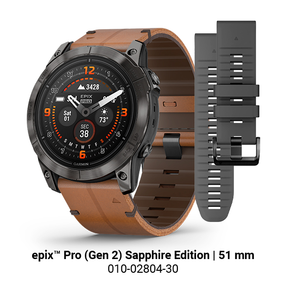 Garmin Epix Pro (Gen2) Sapphire Edition Titanium Carbon Gray DLC watch brown leather strap 51 mm
