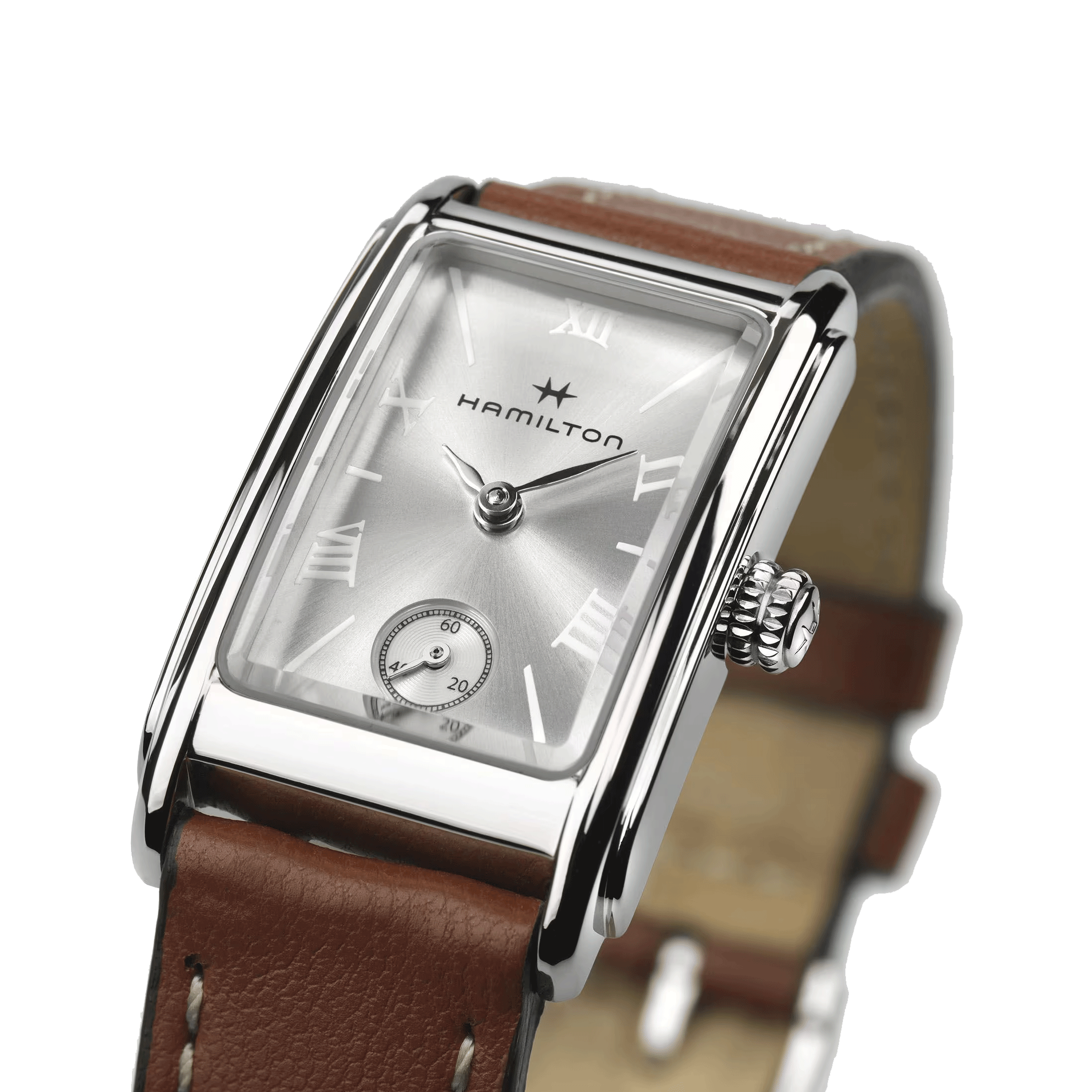 Hamilton American Classic Ardmore quartz watch silver dial brown leather strap 18.7 x 27 mm