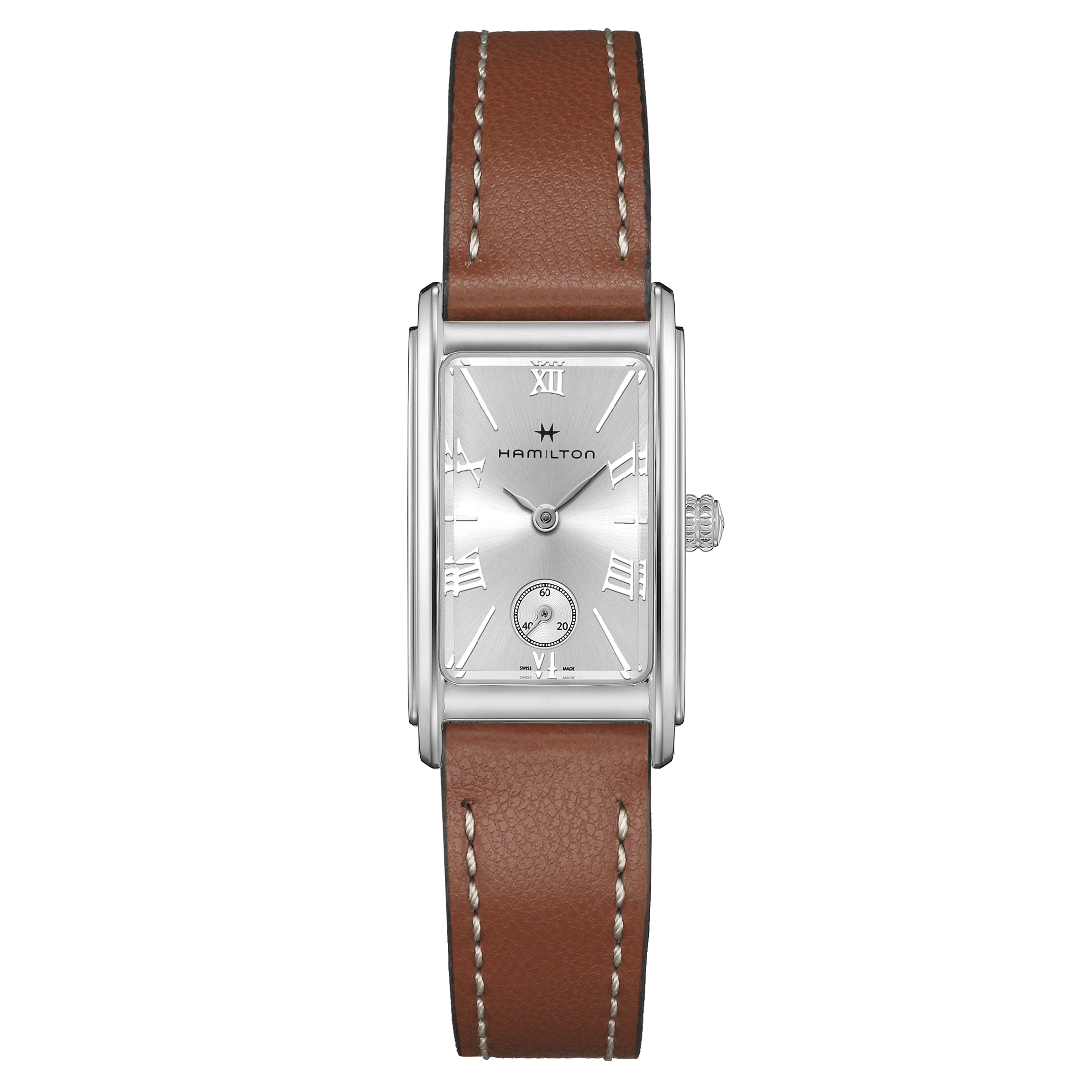 Hamilton American Classic Ardmore quartz watch silver dial brown leather strap 18.7 x 27 mm