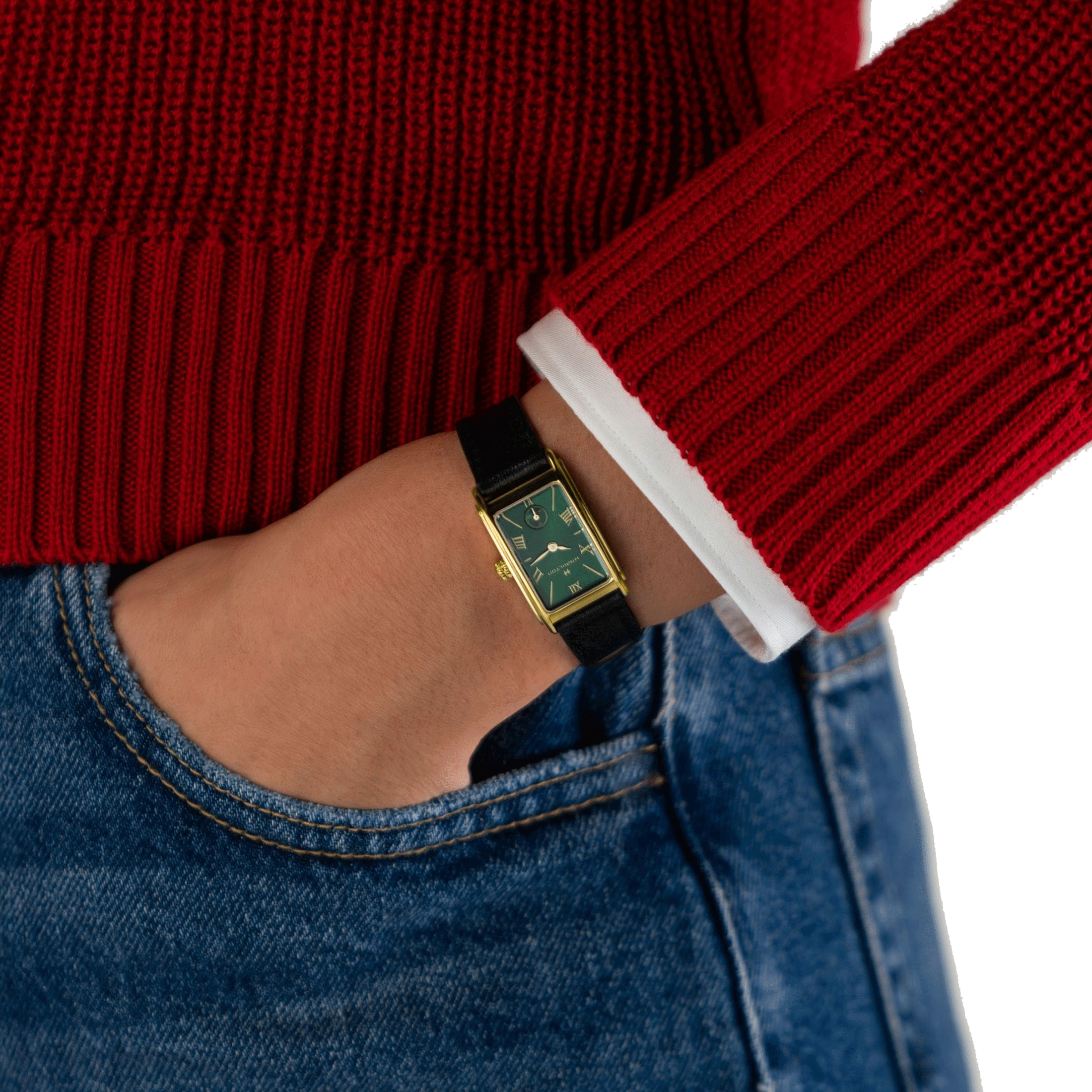 Hamilton American Classic Ardmore PVD Yellow Gold Quartz Green Dial Black Leather Strap Watch 18.7 x 27 mm