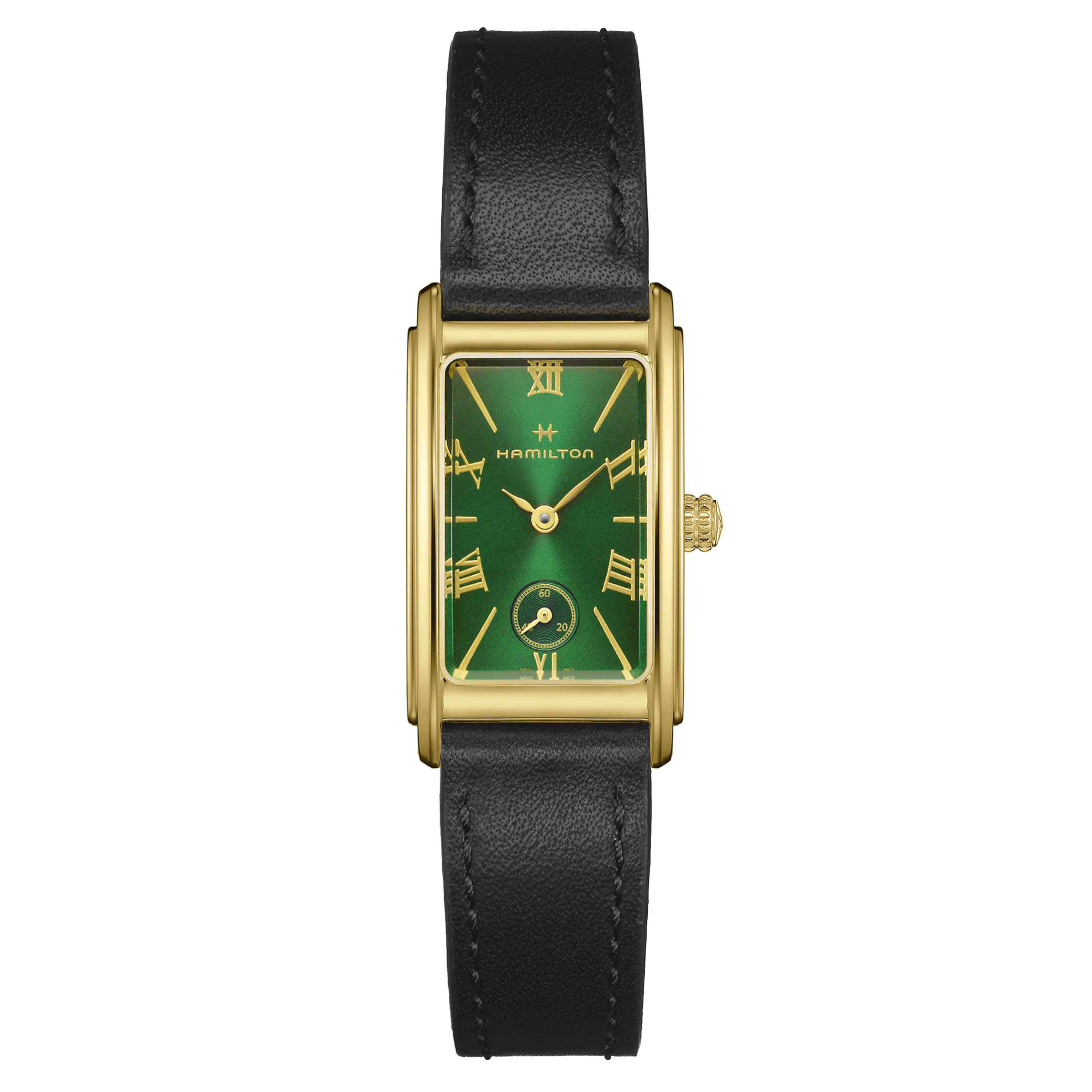 Hamilton American Classic Ardmore PVD Yellow Gold Quartz Green Dial Black Leather Strap Watch 18.7 x 27 mm