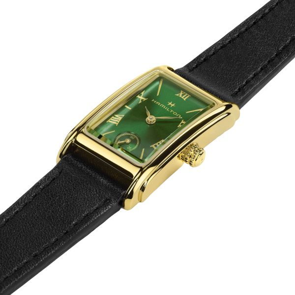 Hamilton American Classic Ardmore PVD Yellow Gold Quartz Green Dial Black Leather Strap Watch 18.7 x 27 mm