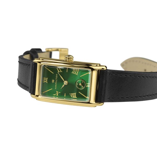 Hamilton American Classic Ardmore PVD Yellow Gold Quartz Green Dial Black Leather Strap Watch 18.7 x 27 mm