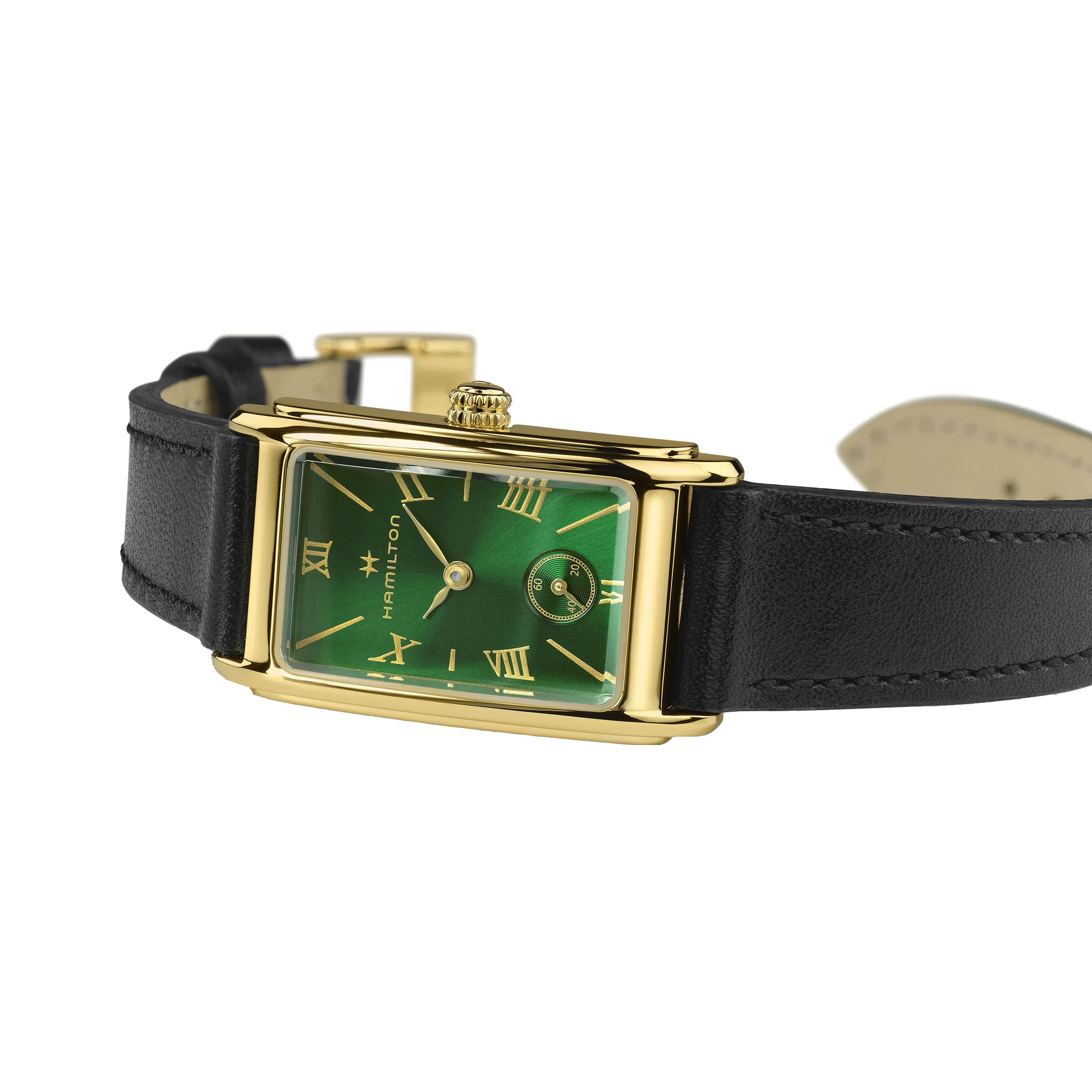 Hamilton American Classic Ardmore PVD Yellow Gold Quartz Green Dial Black Leather Strap Watch 18.7 x 27 mm