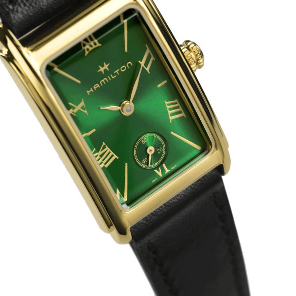 Hamilton American Classic Ardmore PVD Yellow Gold Quartz Green Dial Black Leather Strap Watch 18.7 x 27 mm