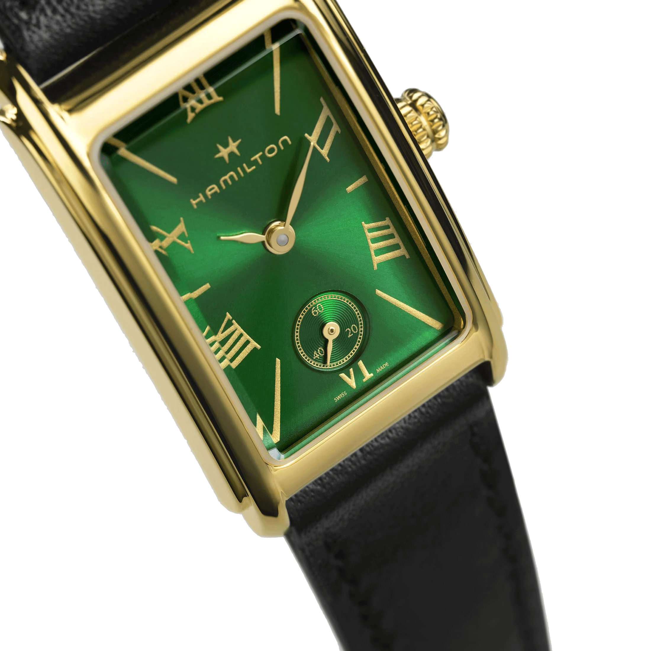 Hamilton American Classic Ardmore PVD Yellow Gold Quartz Green Dial Black Leather Strap Watch 18.7 x 27 mm