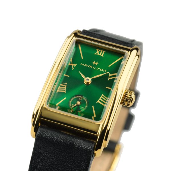 Hamilton American Classic Ardmore PVD Yellow Gold Quartz Green Dial Black Leather Strap Watch 18.7 x 27 mm