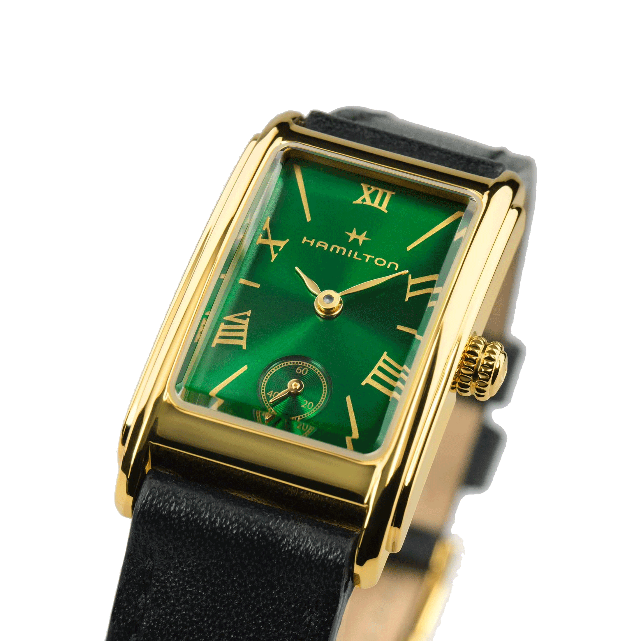 Hamilton American Classic Ardmore PVD Yellow Gold Quartz Green Dial Black Leather Strap Watch 18.7 x 27 mm