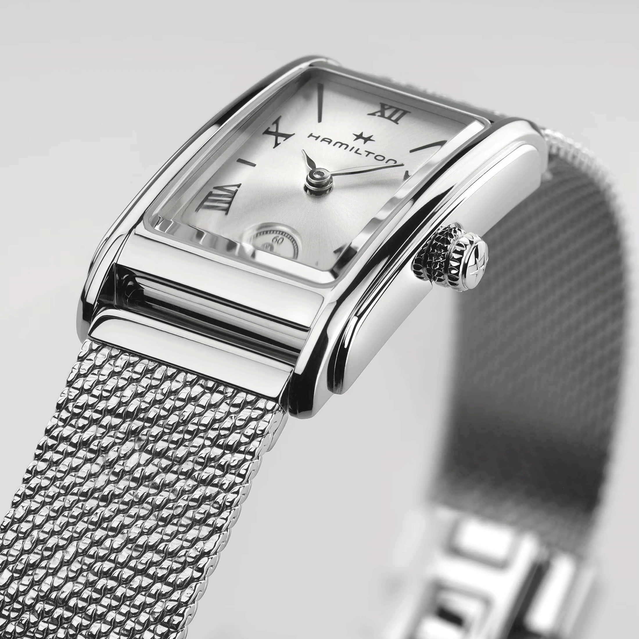 Hamilton American Classic Ardmore quartz watch silver dial stainless steel bracelet Milanese mesh 18.7 x 27 mm
