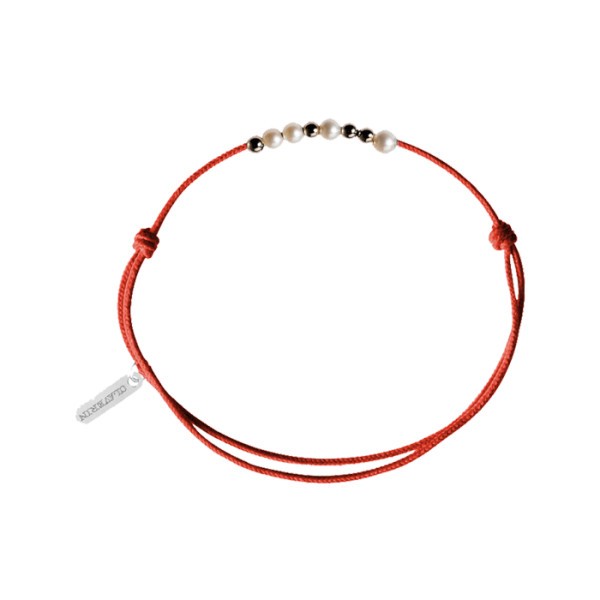 Bracelet Claverin Mini 8 Little Treasures cordon rouge corail perles blanches et or blanc