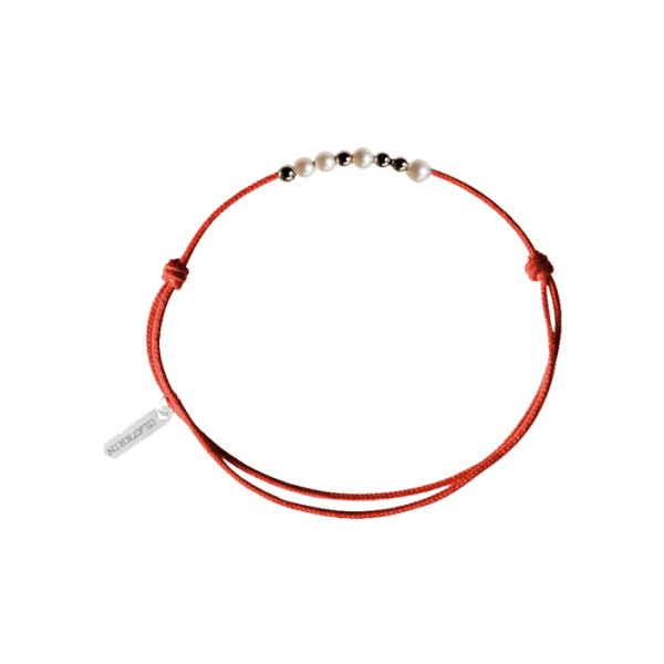 Bracelet Claverin Mini 8 Little Treasures cordon rouge corail perles blanches et or blanc