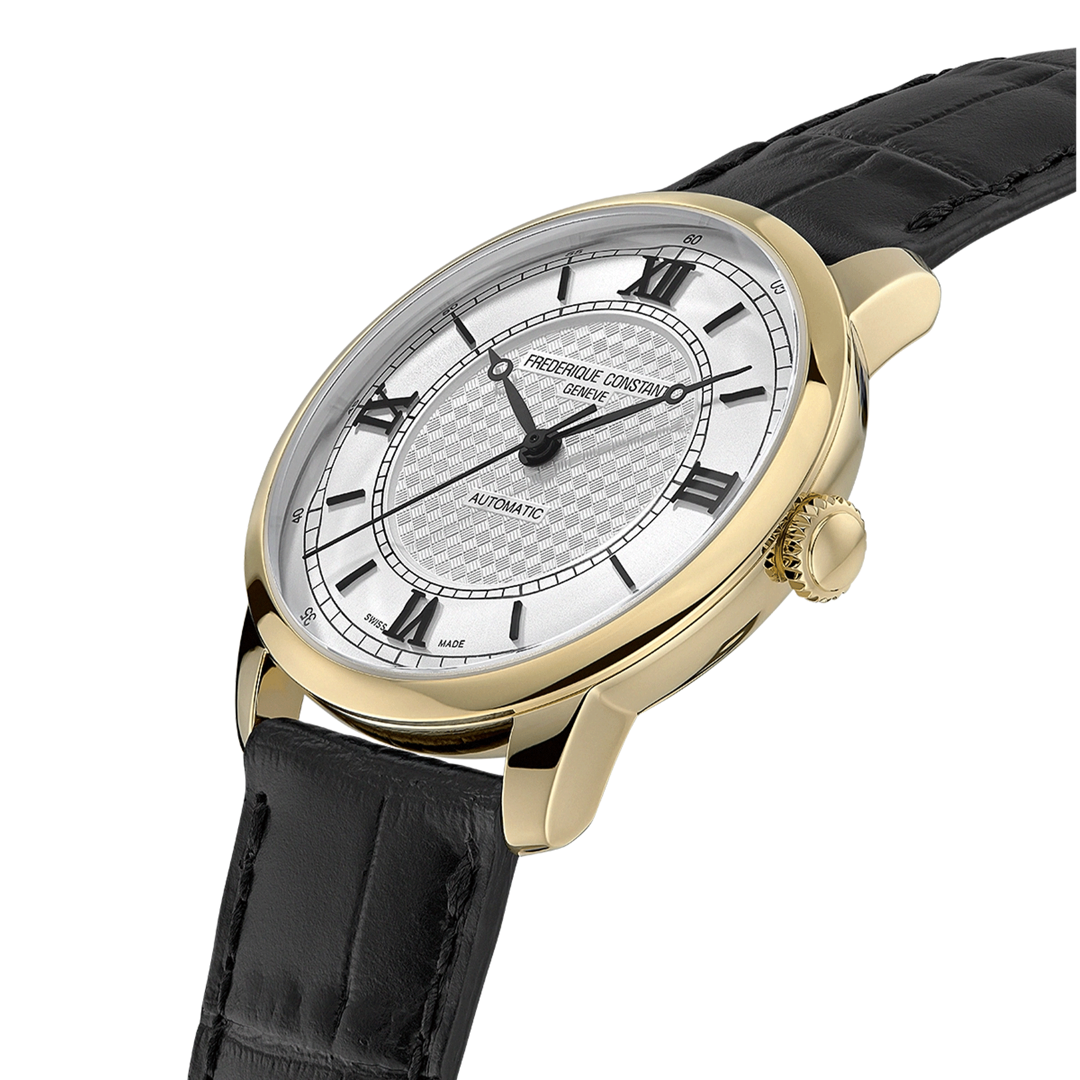 Montre Frédérique Constant Classics Première Automatique PVD or jaune cadran argenté bracelet cuir 38,5 mm