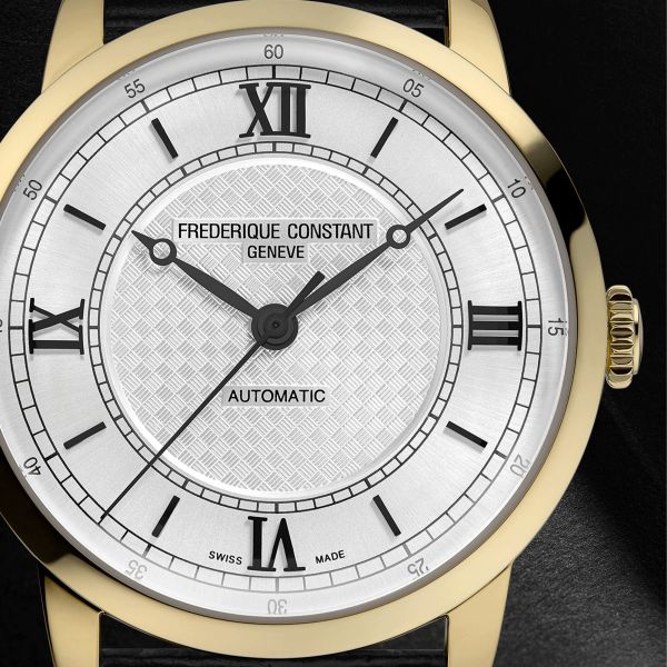 Montre Frédérique Constant Classics Première Automatique PVD or jaune cadran argenté bracelet cuir 38,5 mm