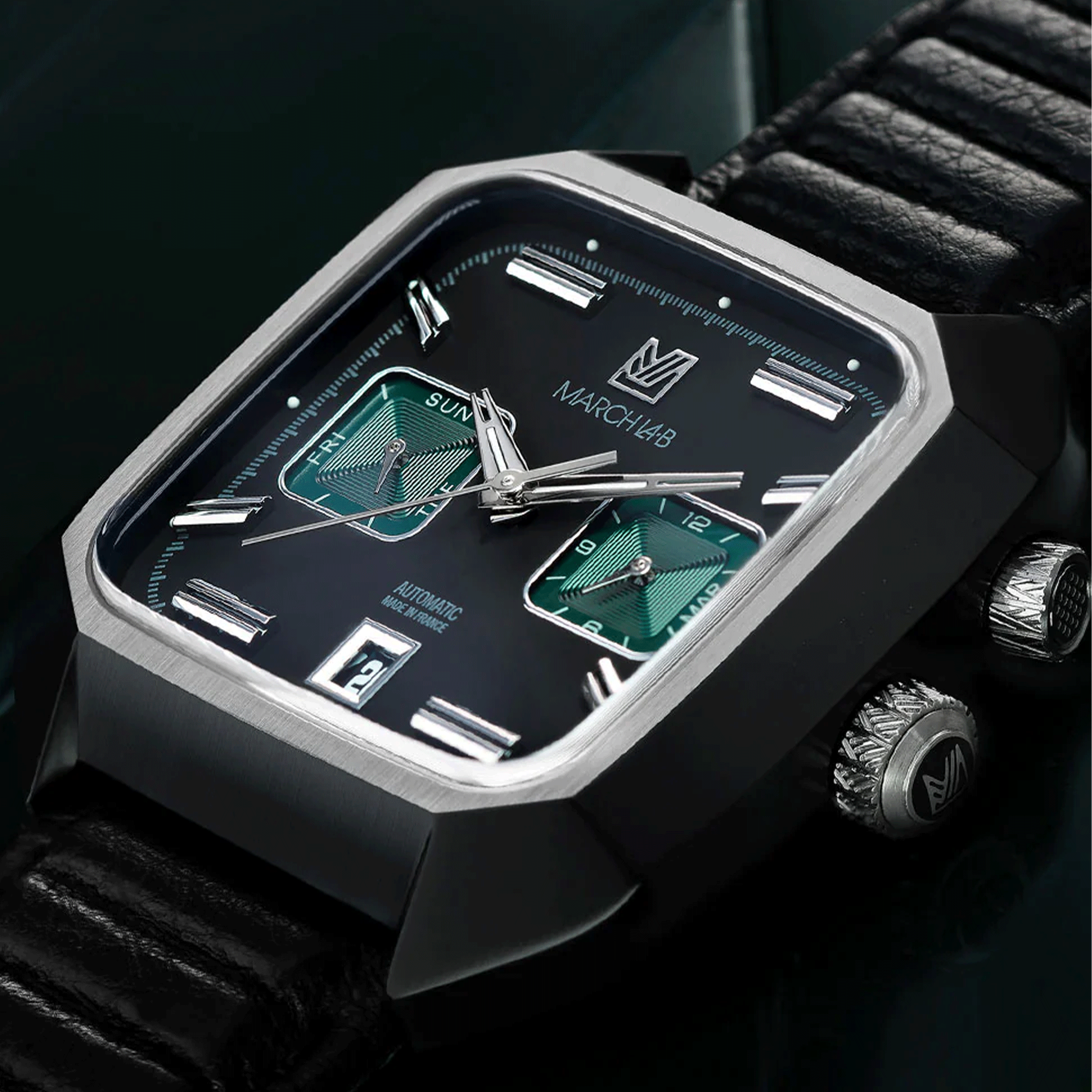 March LA.B AM2 Calendar Automatic Phantom black dial black buffalo strap 41 mm