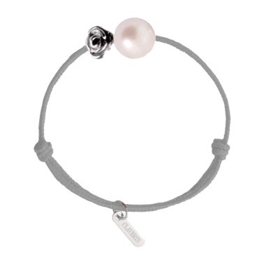 Bracelet Claverin Kids Girls Cords Flower cordon gris perlé perle blanche et fleur en or blanc