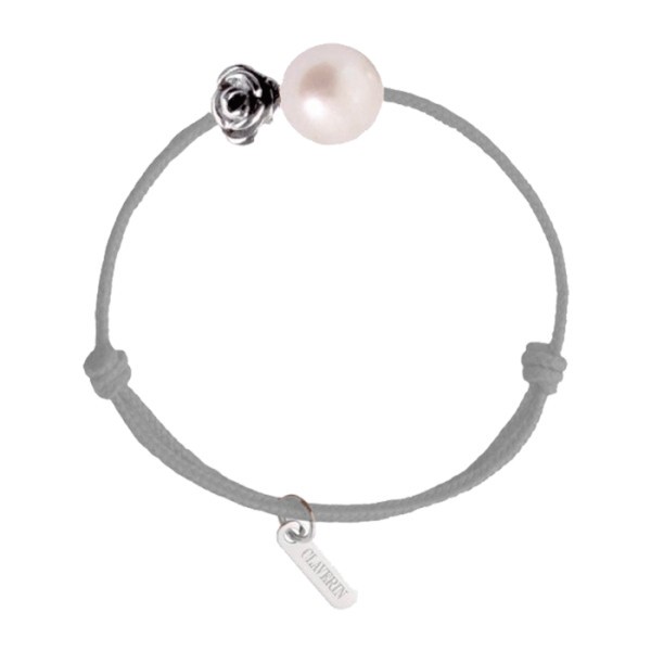 Bracelet Claverin Kids Girls Cords Flower cordon gris perlé perle blanche et fleur en or blanc