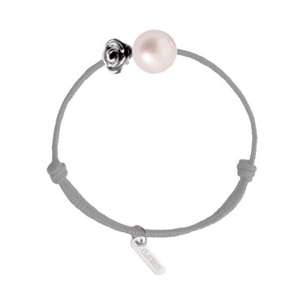 Bracelet Claverin Kids Girls Cords Flower cordon gris perlé perle blanche et fleur en or blanc