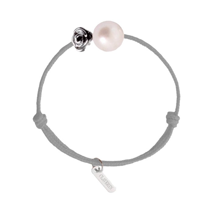 Bracelet Claverin Kids Girls Cords Flower cordon gris perlé perle blanche et fleur en or blanc