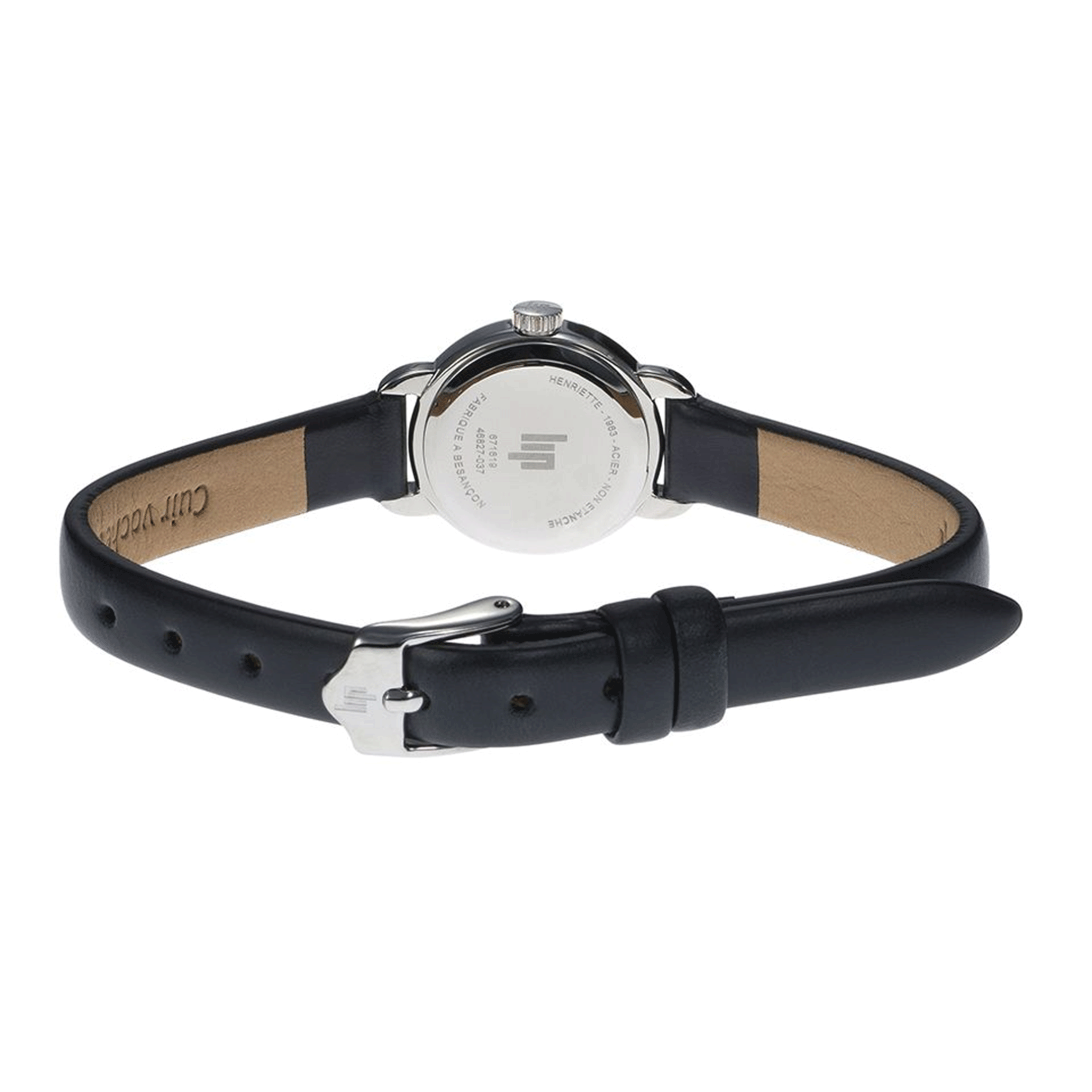 Montre Lip Henriette quartz cadran argenté bracelet cuir noir 18,5 mm