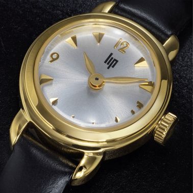 Montre Lip Henriette Dorée quartz cadran argenté bracelet cuir noir 18,5 mm