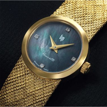 Montre Lip Henriette quartz cadran nacre bleue bracelet mailles polonaises dorée 22 mm