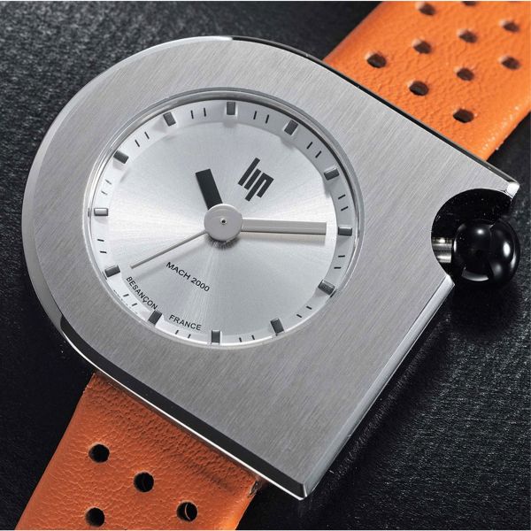 Montre Lip Mach 2000 Mini Moon quartz cadran argenté bracelet cuir orange 30 x 28 mm