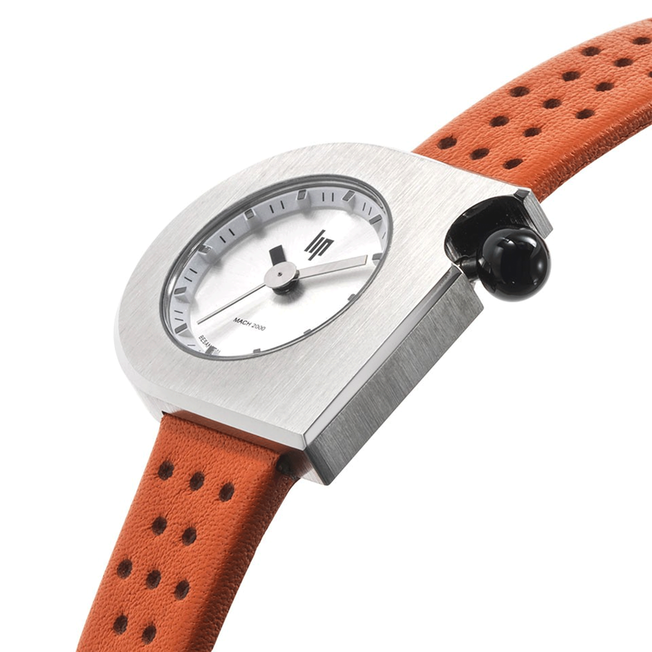 Montre Lip Mach 2000 Mini Moon quartz cadran argenté bracelet cuir orange 30 x 28 mm