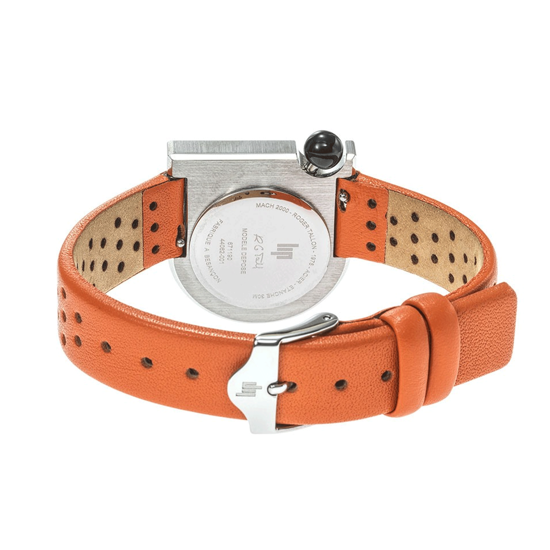 Montre Lip Mach 2000 Mini Moon quartz cadran argenté bracelet cuir orange 30 x 28 mm