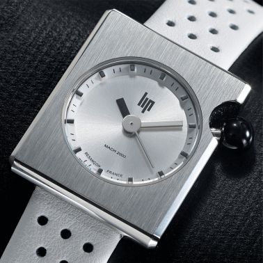Montre Lip Mach 2000 Mini Square quartz cadran argenté bracelet cuir blanc perforé 30 x 28 mm