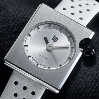 Montre Lip Mach 2000 Mini Square quartz cadran argenté bracelet cuir blanc perforé 30 x 28 mm