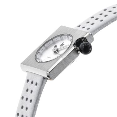Montre Lip Mach 2000 Mini Square quartz cadran argenté bracelet cuir blanc perforé 30 x 28 mm